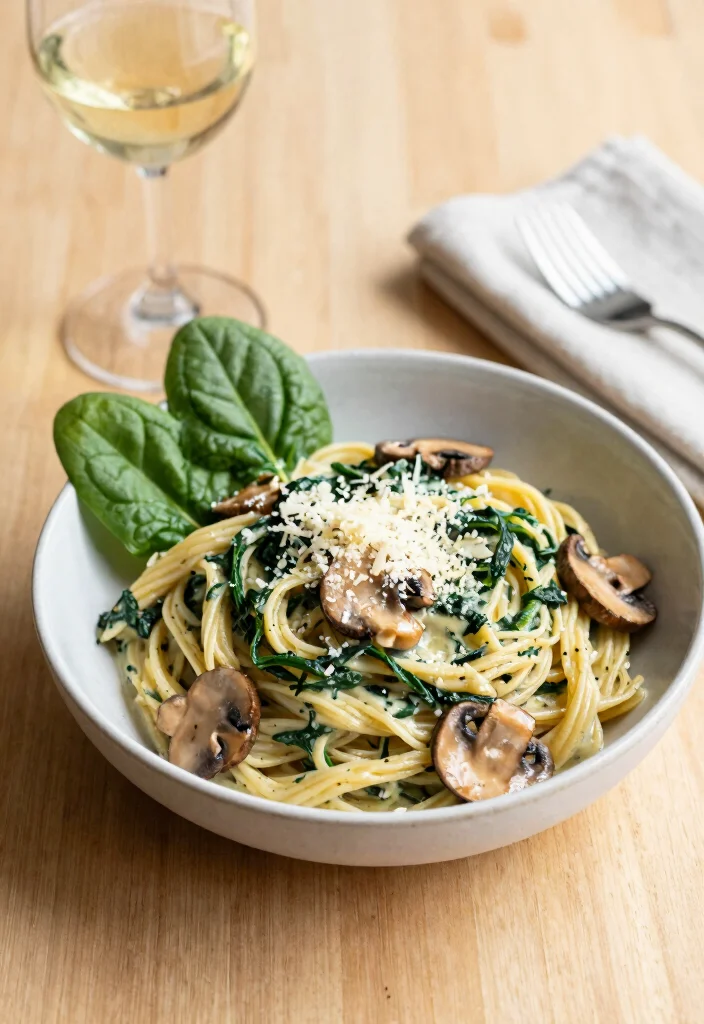 10 Veggie Dinner Recipes Full of Simple Fresh Flavor - 2. Creamy Spinach and Mushroom Pasta