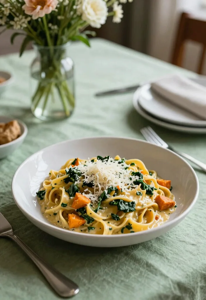 12 Healthy Sweet Potato Recipes for Wholesome Dinners 12 12 Healthy Sweet Potato Recipes for Wholesome Dinners - 2. Creamy Sweet Potato and Spinach Pasta