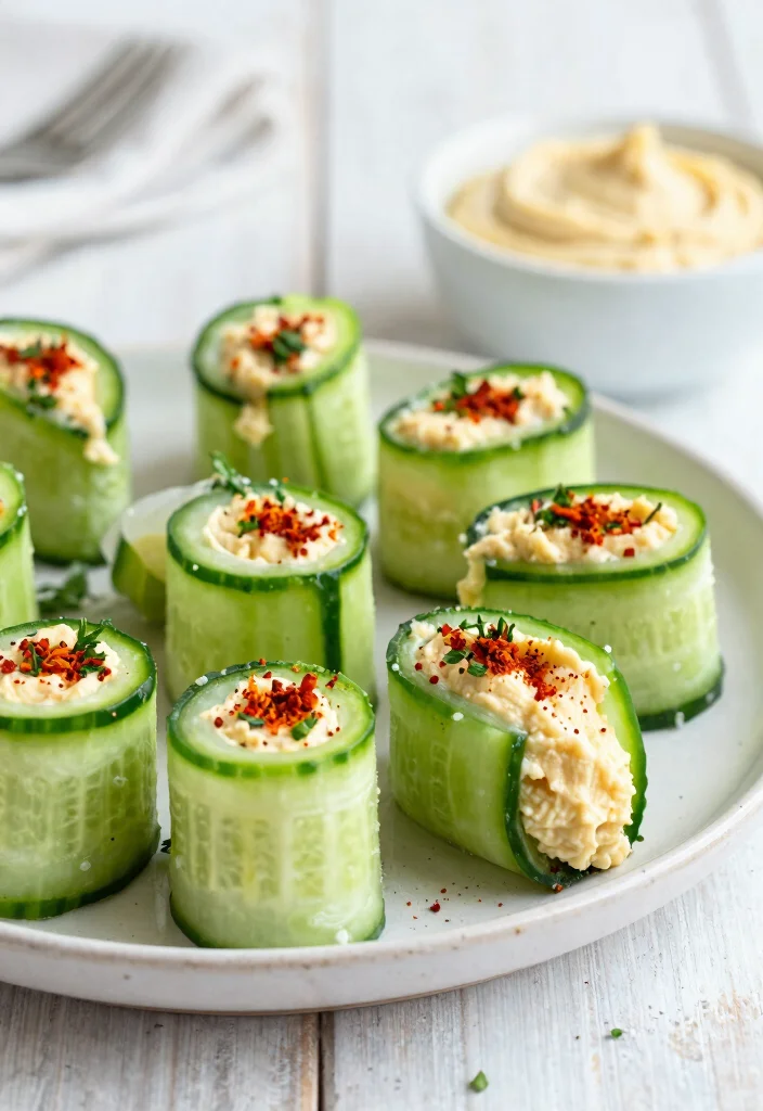 12 Low Carb Vegetarian Recipes for Light Meals 12. Cucumber Rolls with Hummus 0