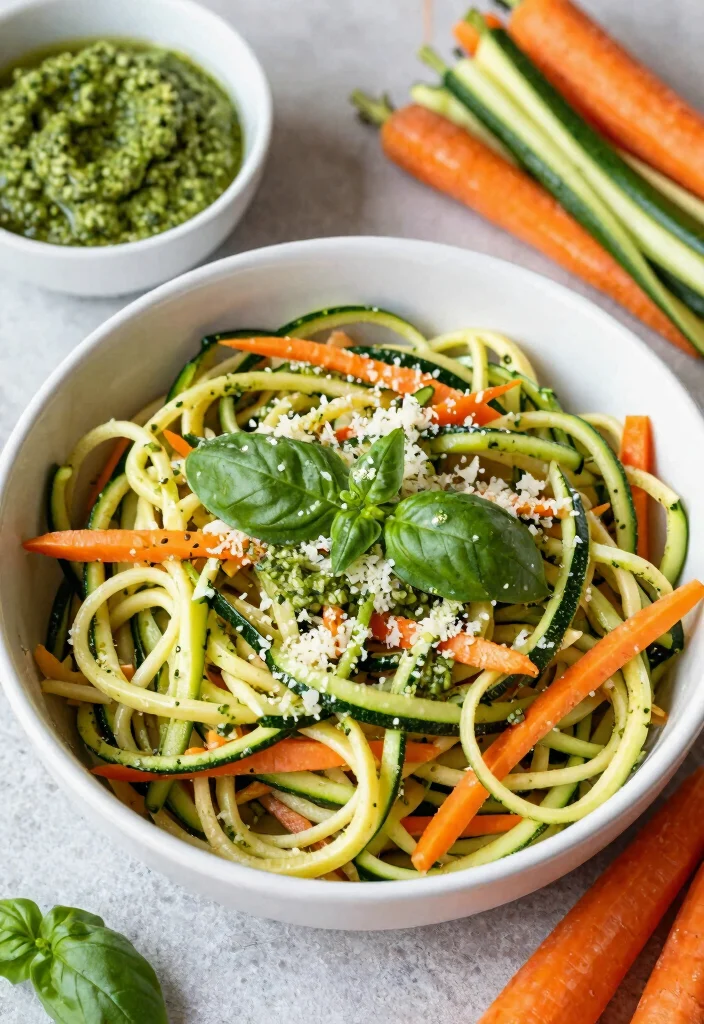 12 Tasty Vegetarian Recipes Full of Flavor 10. Spiralized Veggie Noodles with Pesto 0