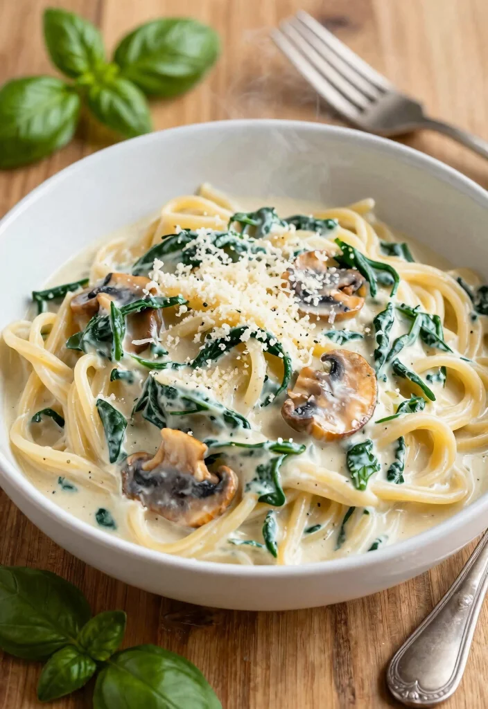 12 Vegetarian Recipes for Everyday Cooking 2. Creamy Spinach and Mushroom Pasta 0