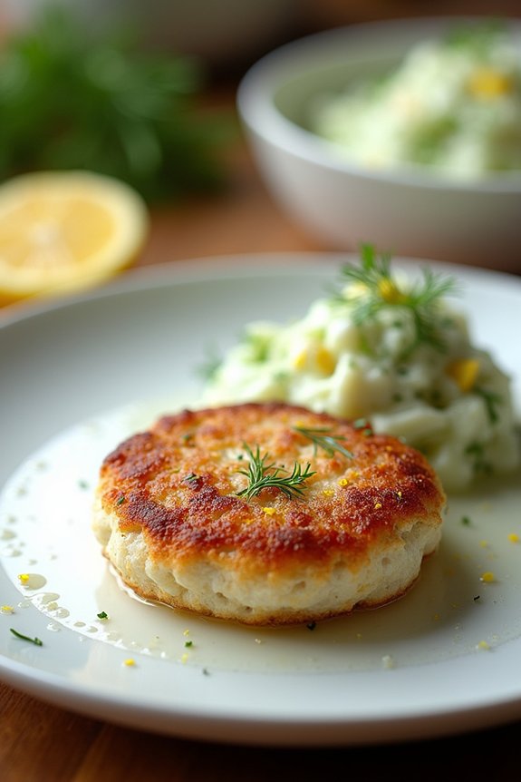 creamy cucumber salad balances crab cakes