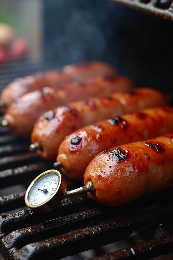 insert thermometer into sausage 160 165 f