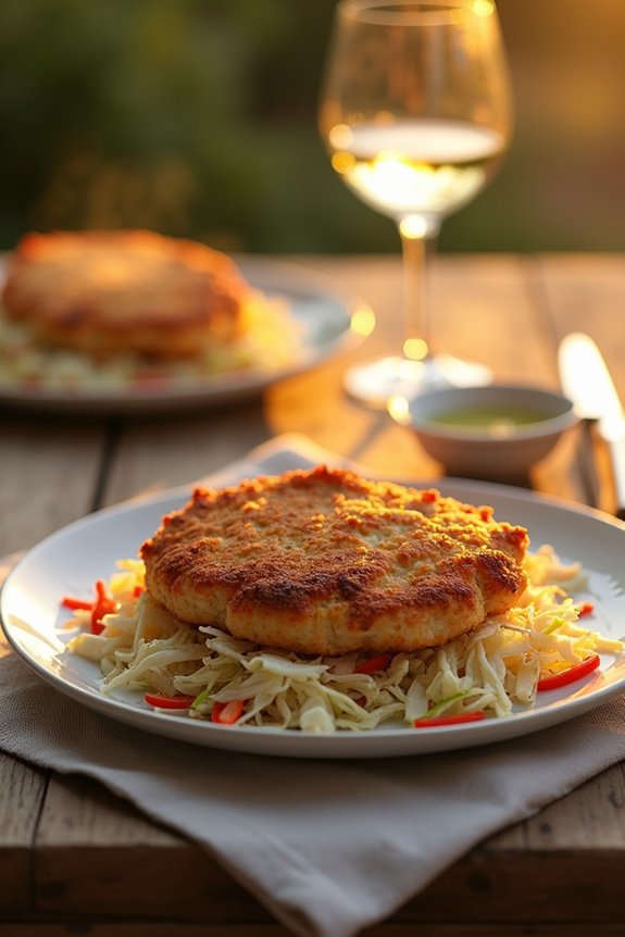 tangy vinegar coleslaw elevates crab cakes